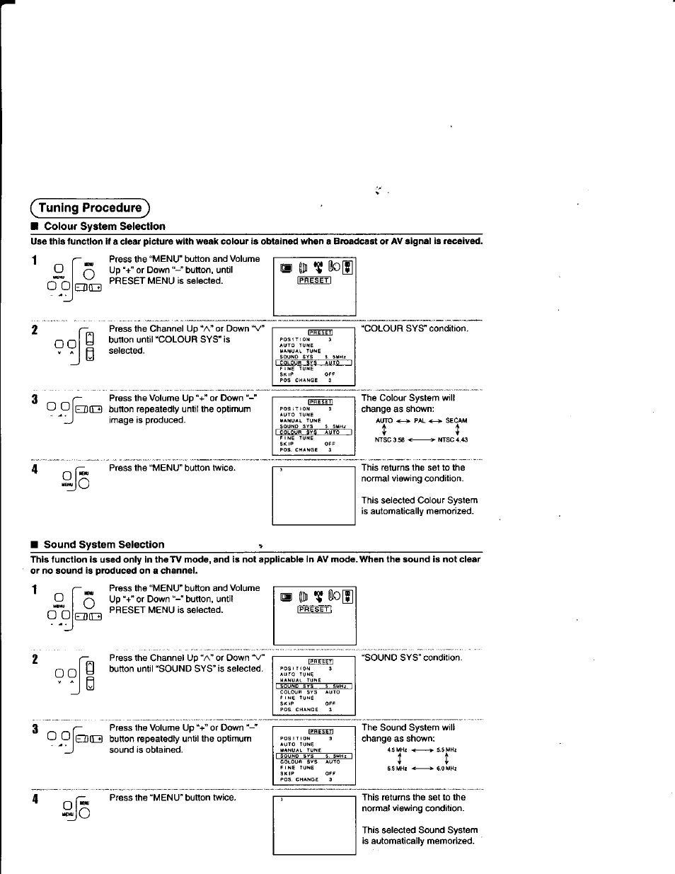 Colour system selection, Tuning procedur | Panasonic TX21FJ50M User Manual | Page 13 / 22
