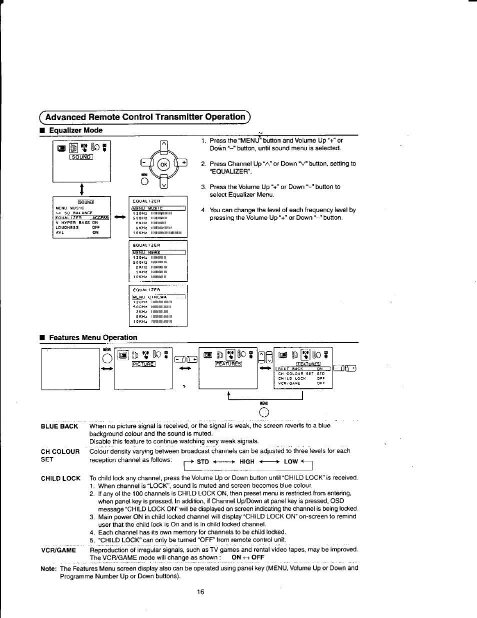 Equalizer mode, Advanced remote control transmitter operation) | Panasonic TX21FJ50M User Manual | Page 16 / 22