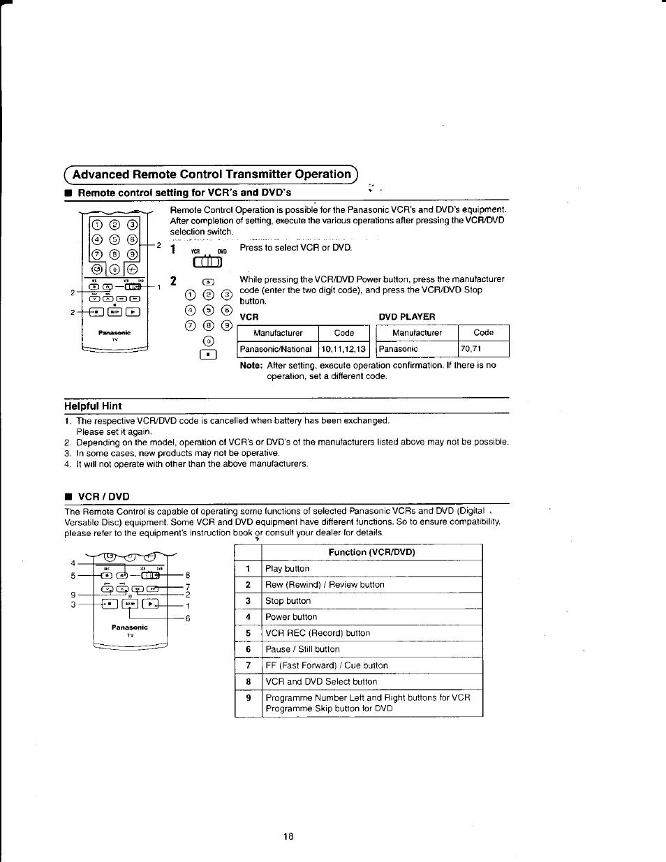 Remote control setting for vcr’s and dvd’s | Panasonic TX21FJ50M User Manual | Page 18 / 22