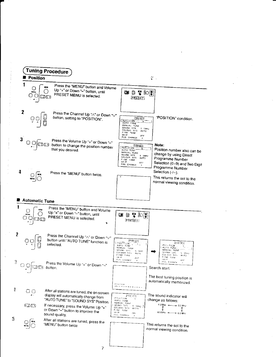 Note, Automatic tune, Position | Tuning procedure | Panasonic TX21FJ50M User Manual | Page 7 / 22
