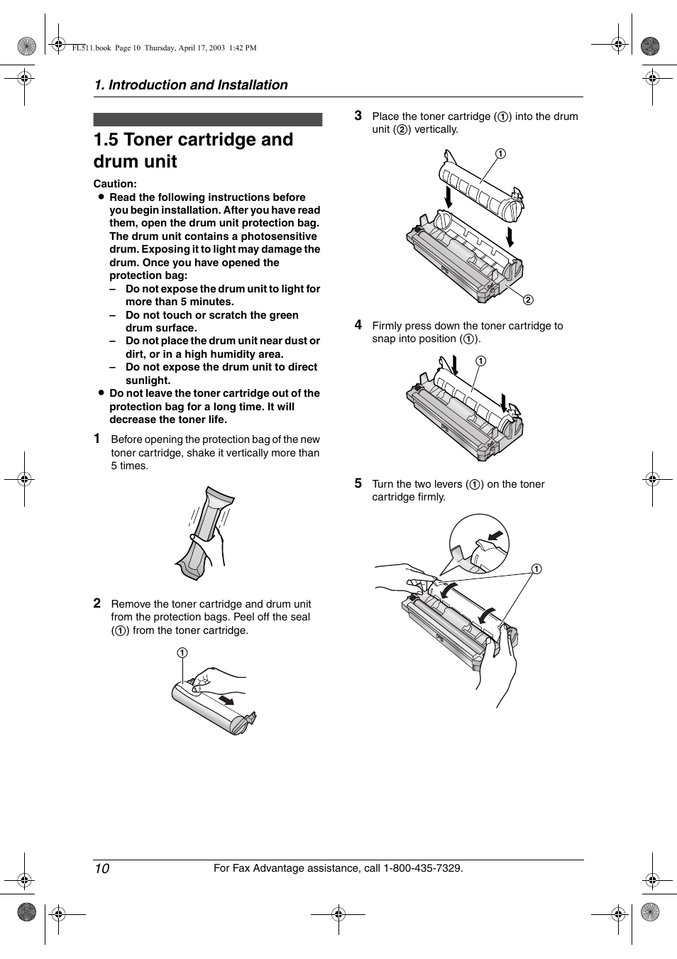 Installation, Toner cartridge and drum unit, 5 toner cartridge and drum unit | Panasonic KX-FL511 User Manual | Page 12 / 82
