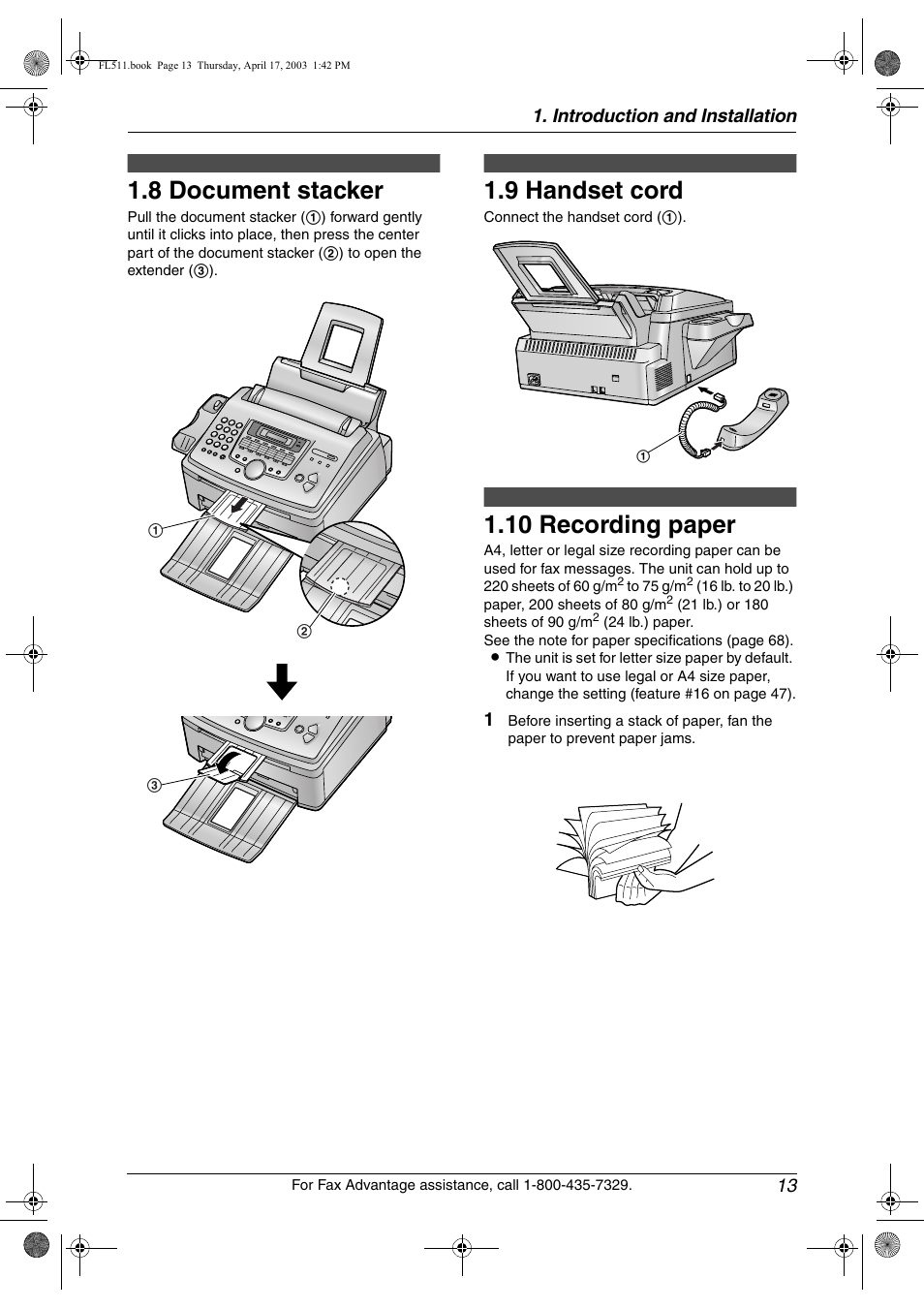 Document stacker, Handset cord, Recording paper | 8 document stacker, 9 handset cord, 10 recording paper | Panasonic KX-FL511 User Manual | Page 15 / 82