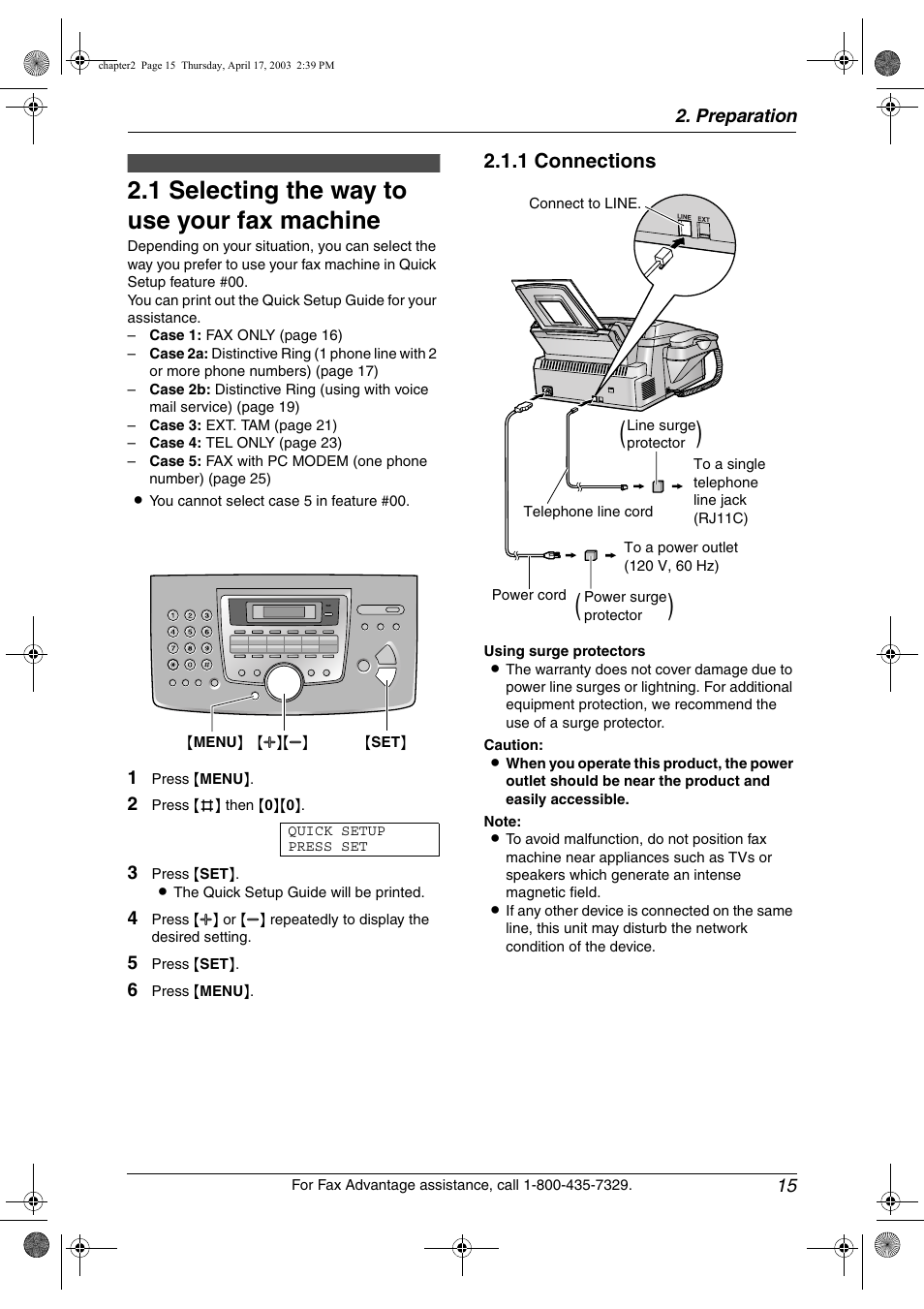 Preparation, Connections and setup, Selecting the way to use your fax machine | 1 selecting the way to use your fax machine, 1 connections | Panasonic KX-FL511 User Manual | Page 17 / 82