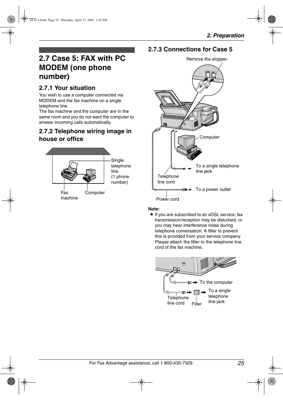 Case 5: fax with pc modem (one phone number), 7 case 5: fax with pc modem (one phone number), 1 your situation | Panasonic KX-FL511 User Manual | Page 27 / 82