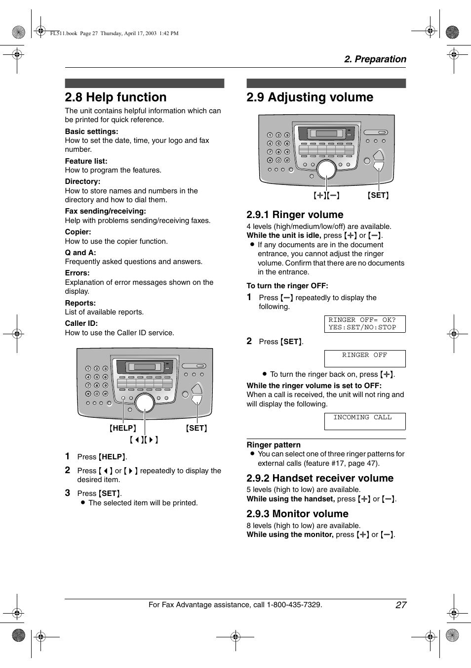 Help button, Volume, Help function | Adjusting volume, Initial programming, 8 help function, 9 adjusting volume, 1 ringer volume, 2 handset receiver volume, 3 monitor volume | Panasonic KX-FL511 User Manual | Page 29 / 82