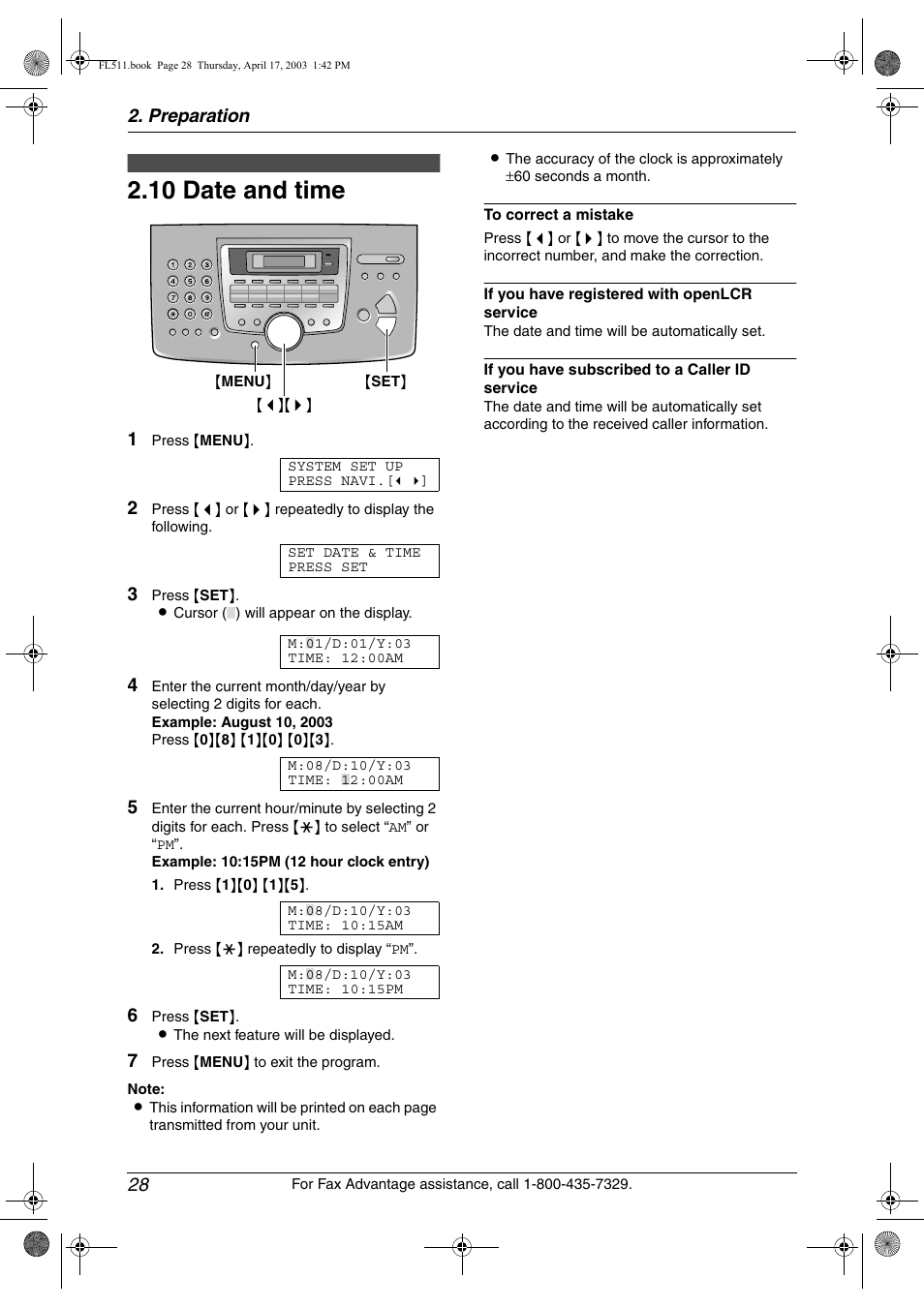 Initial programming, Date and time, 10 date and time | Panasonic KX-FL511 User Manual | Page 30 / 82