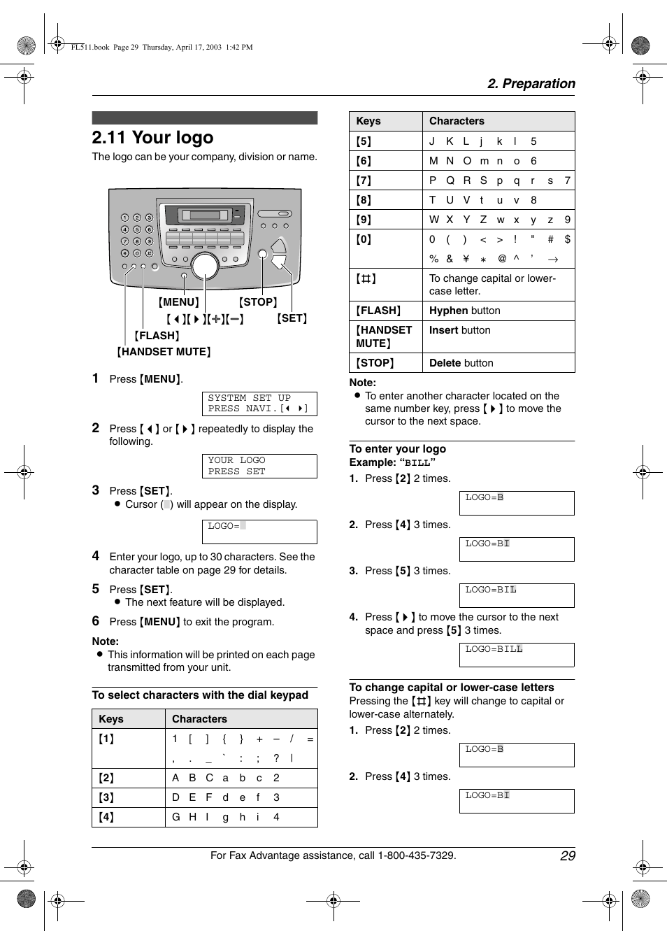 Your logo, 11 your logo, Preparation 29 | Panasonic KX-FL511 User Manual | Page 31 / 82