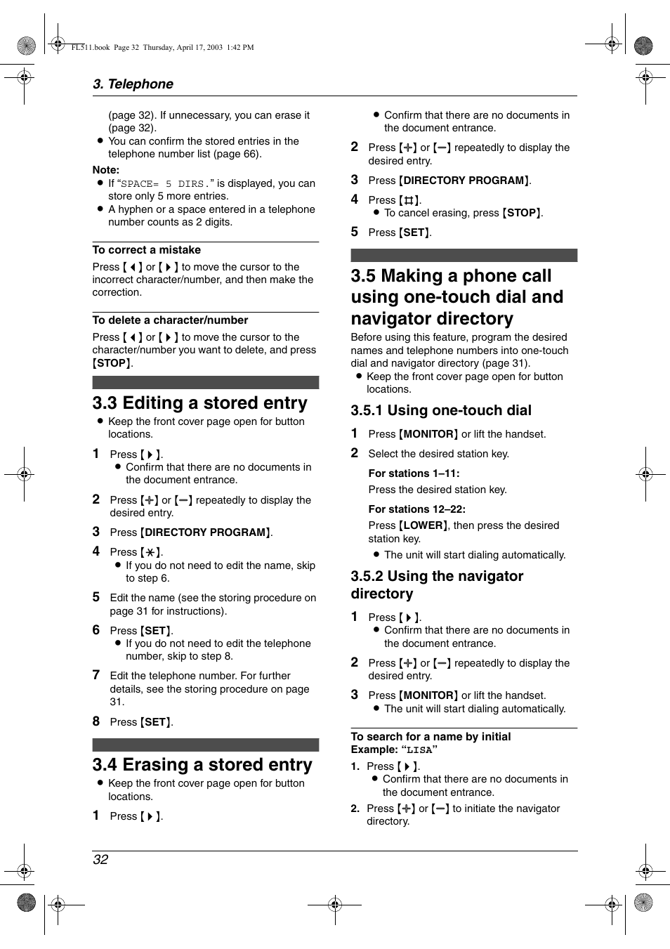 Editing a stored entry, Erasing a stored entry, 3 editing a stored entry | 4 erasing a stored entry, 1 using one-touch dial, 2 using the navigator directory | Panasonic KX-FL511 User Manual | Page 34 / 82