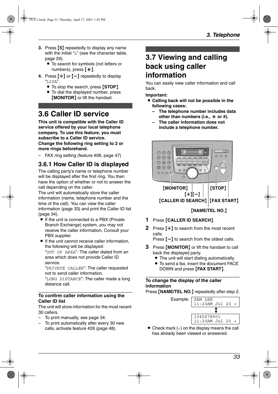 Caller id, Caller id service, Viewing and calling back using caller | Information, 6 caller id service, 1 how caller id is displayed | Panasonic KX-FL511 User Manual | Page 35 / 82