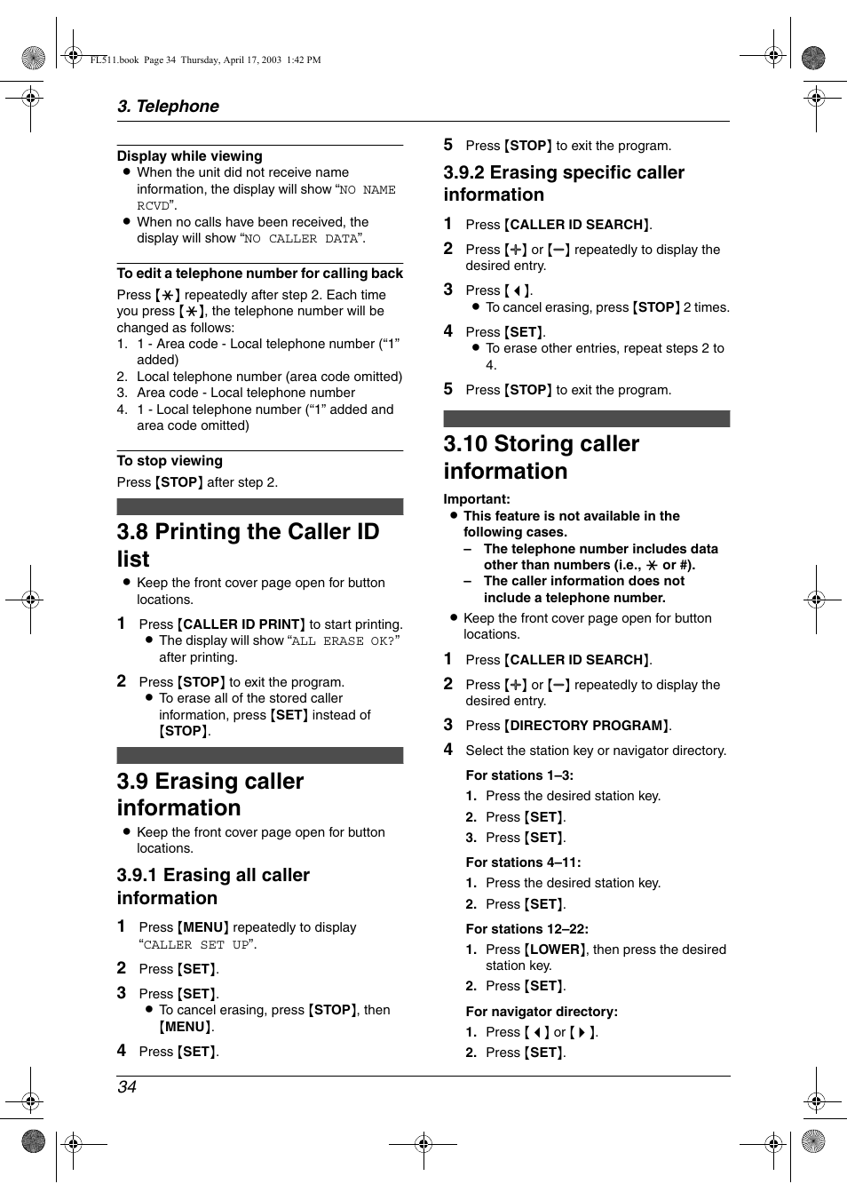 Printing the caller id list, Erasing caller information, Storing caller information | 8 printing the caller id list, 9 erasing caller information, 10 storing caller information, 1 erasing all caller information, 2 erasing specific caller information | Panasonic KX-FL511 User Manual | Page 36 / 82