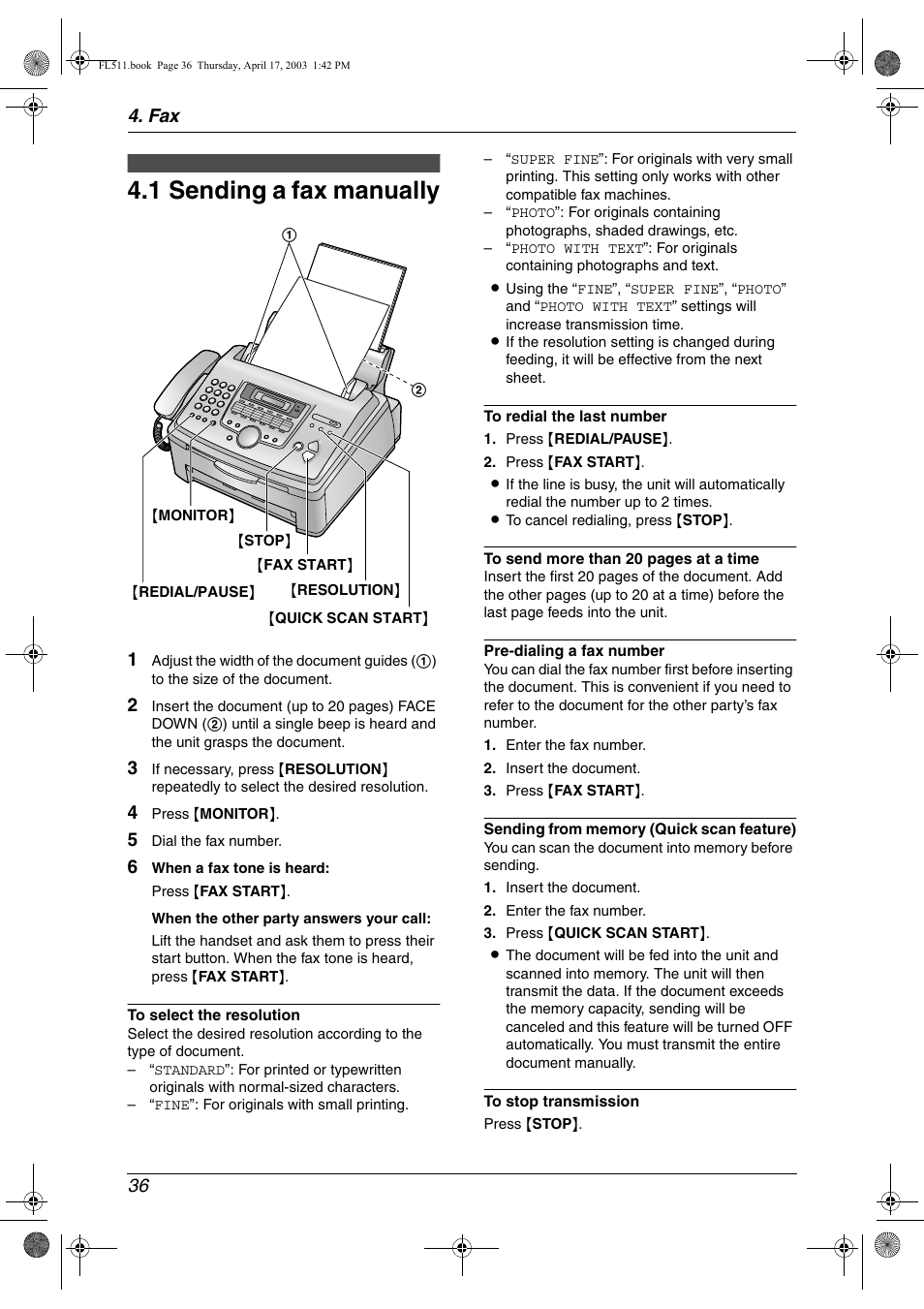 Sending faxes, Sending a fax manually, 1 sending a fax manually | Fax 36 | Panasonic KX-FL511 User Manual | Page 38 / 82