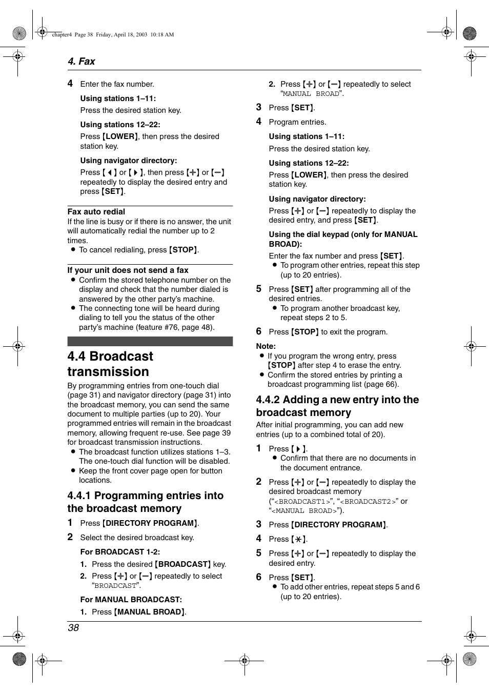 Broadcast transmission, 4 broadcast transmission | Panasonic KX-FL511 User Manual | Page 40 / 82