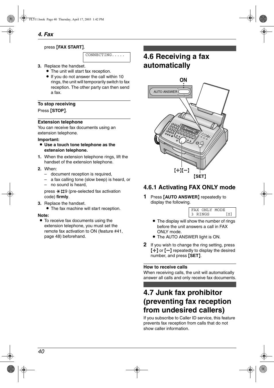 Receiving a fax automatically, 6 receiving a fax automatically, 1 activating fax only mode | Panasonic KX-FL511 User Manual | Page 42 / 82