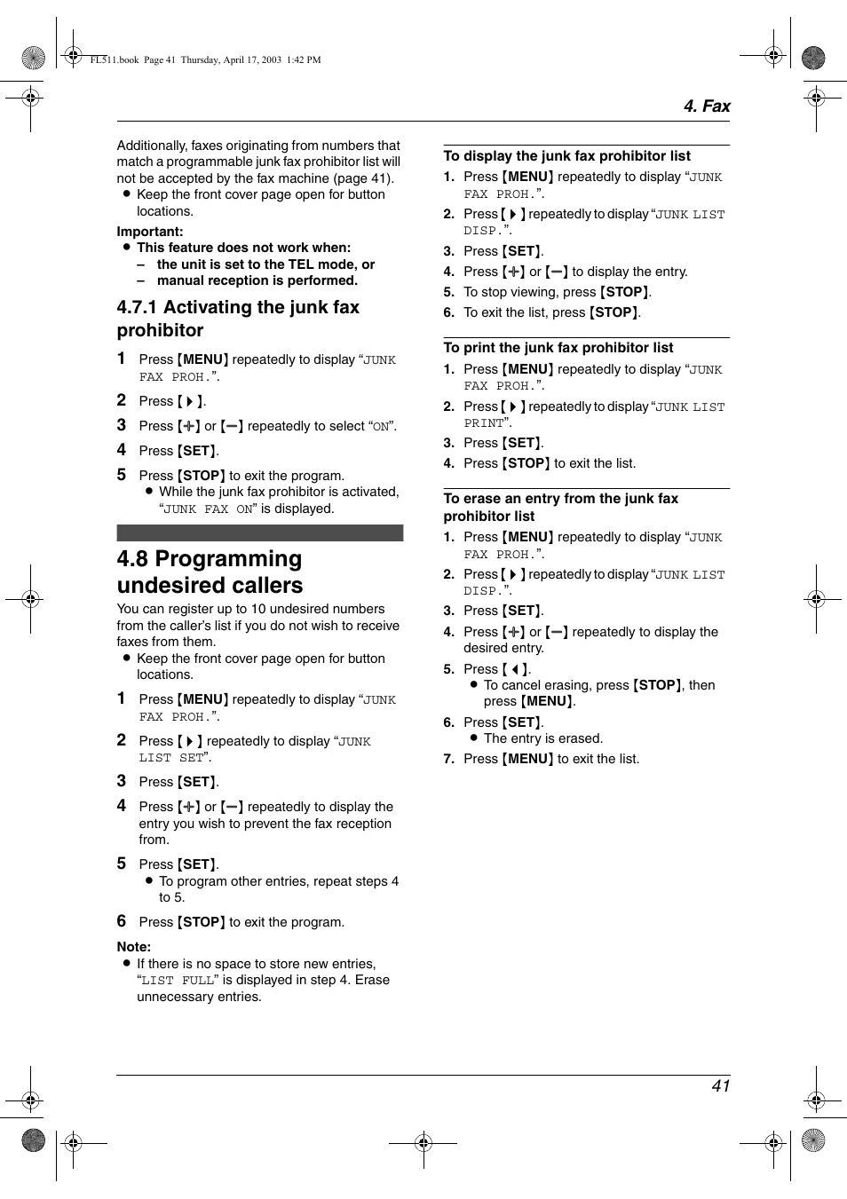 Programming undesired callers, 8 programming undesired callers, 1 activating the junk fax prohibitor | Panasonic KX-FL511 User Manual | Page 43 / 82