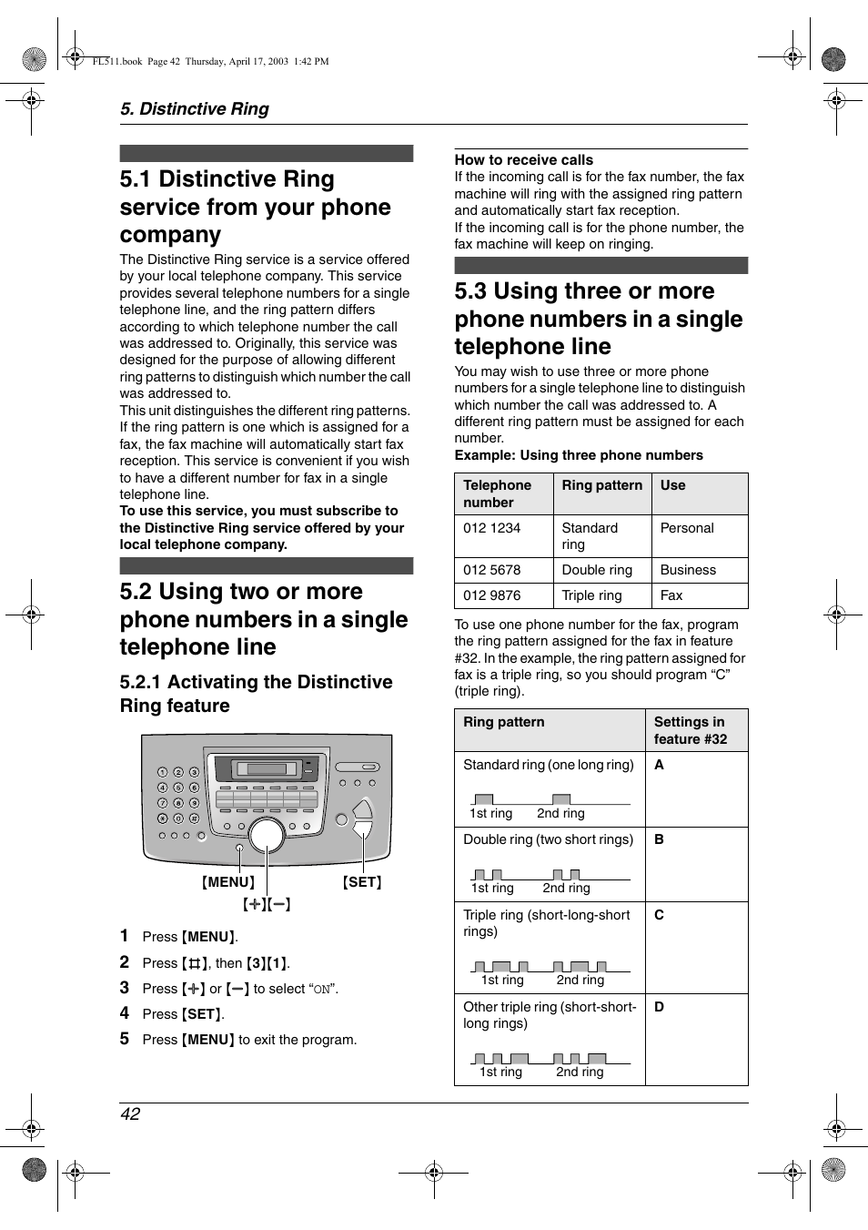 Distinctive ring, Distinctive ring service from your phone company, 1 distinctive ring service from your phone company | 1 activating the distinctive ring feature, Distinctive ring 42 | Panasonic KX-FL511 User Manual | Page 44 / 82