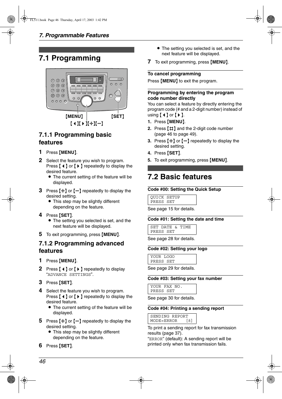 Programmable features, Features summary, Programming | Basic features, 1 programming, 2 basic features, 1 programming basic features, 2 programming advanced features | Panasonic KX-FL511 User Manual | Page 48 / 82