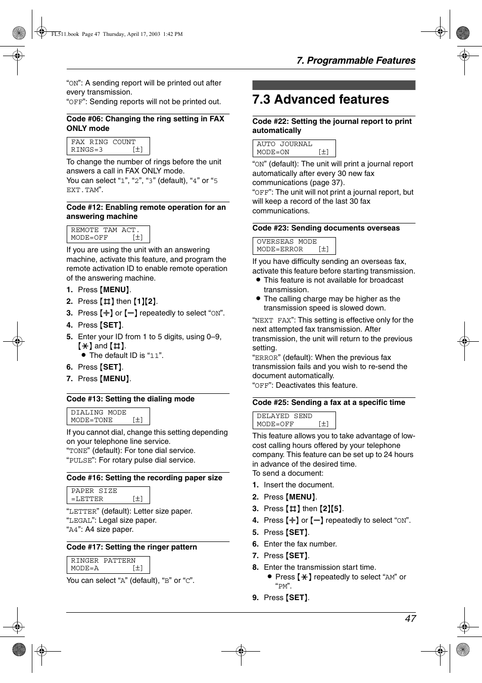 Advanced features, 3 advanced features, Programmable features 47 | Panasonic KX-FL511 User Manual | Page 49 / 82