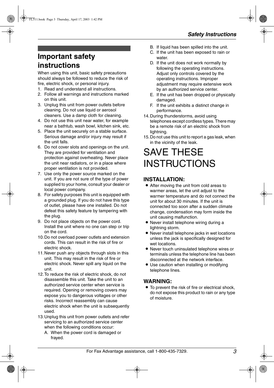 Save these instructions, Important safety instructions, Safety instructions 3 | Installation, Warning | Panasonic KX-FL511 User Manual | Page 5 / 82