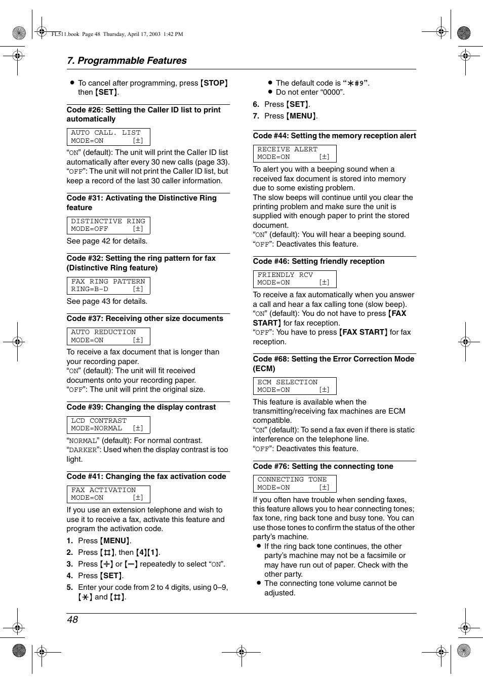 Programmable features 48 | Panasonic KX-FL511 User Manual | Page 50 / 82