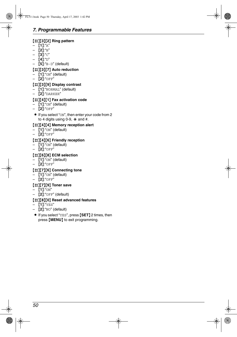 Programmable features 50 | Panasonic KX-FL511 User Manual | Page 52 / 82