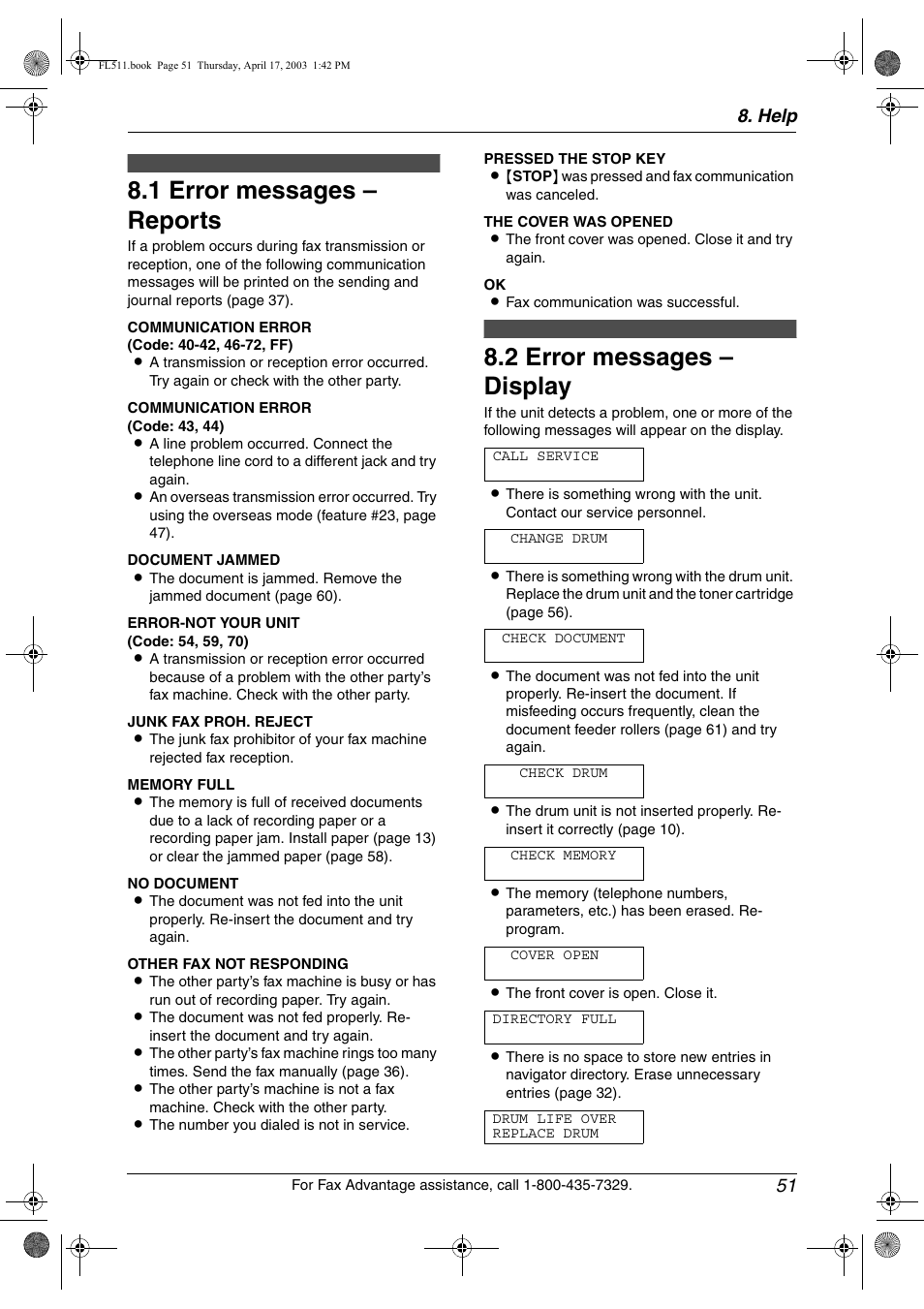 Help, Error messages, Error messages – reports | Error messages – display, 1 error messages – reports, 2 error messages – display, Help 51 | Panasonic KX-FL511 User Manual | Page 53 / 82