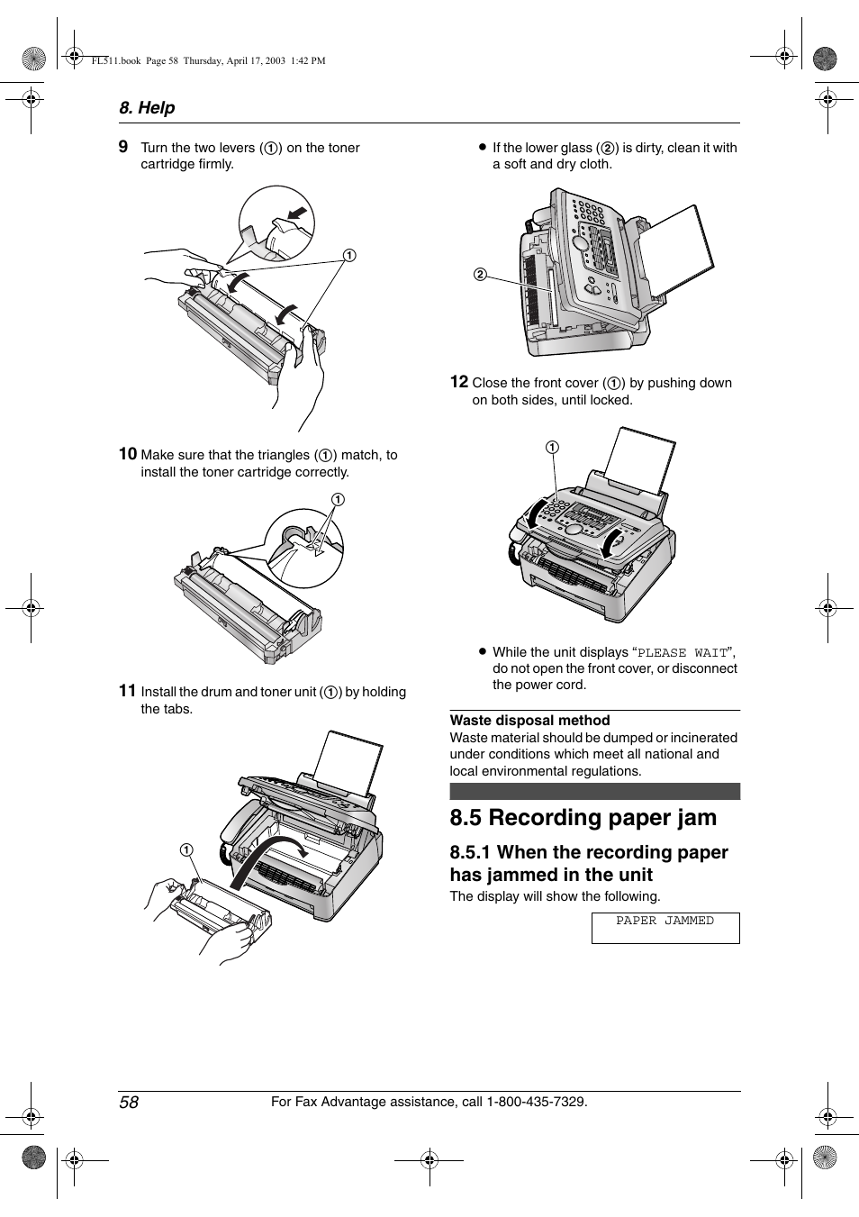 Jams, Recording paper jam, 5 recording paper jam | 1 when the recording paper has jammed in the unit | Panasonic KX-FL511 User Manual | Page 60 / 82