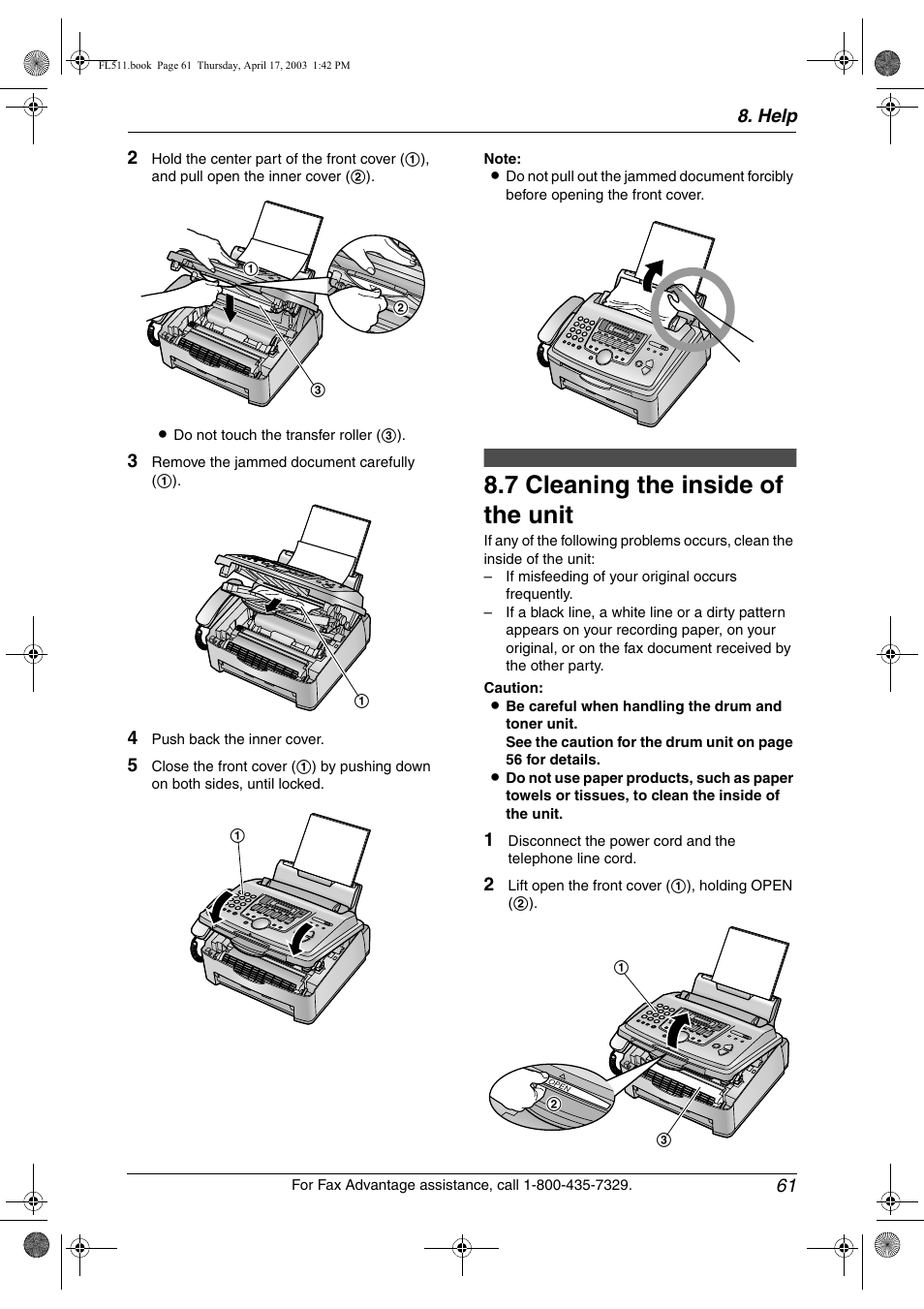Cleaning, Cleaning the inside of the unit, 7 cleaning the inside of the unit | Help 61 | Panasonic KX-FL511 User Manual | Page 63 / 82