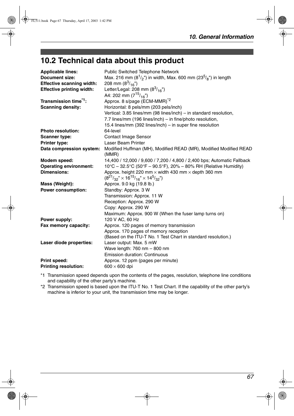 Specifications, Technical data about this product, 2 technical data about this product | General information 67 | Panasonic KX-FL511 User Manual | Page 69 / 82