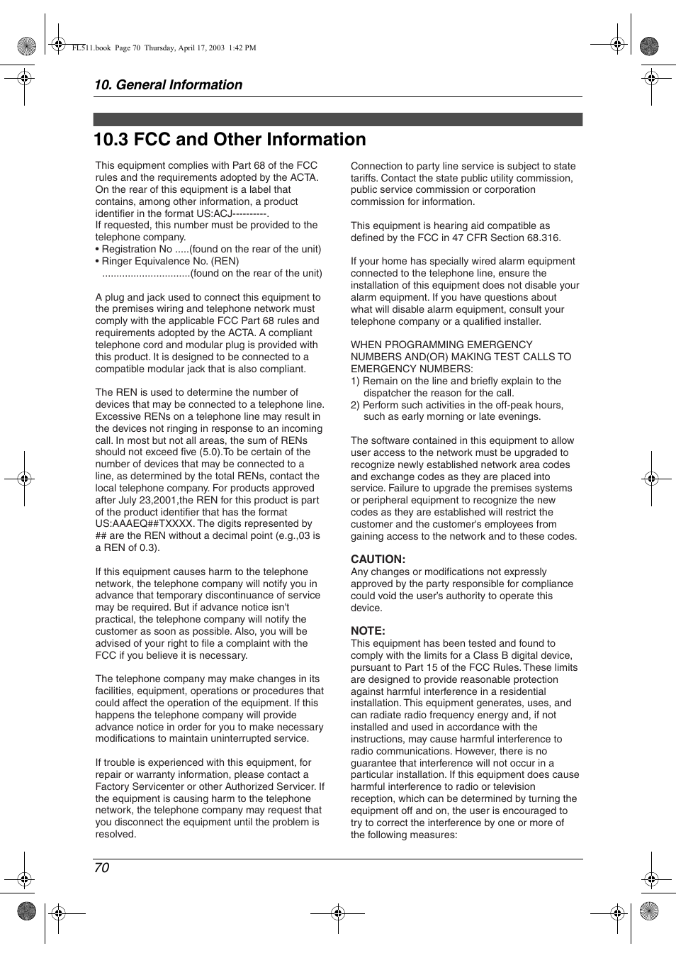 Fcc and other information, 3 fcc and other information, General information 70 | Panasonic KX-FL511 User Manual | Page 72 / 82