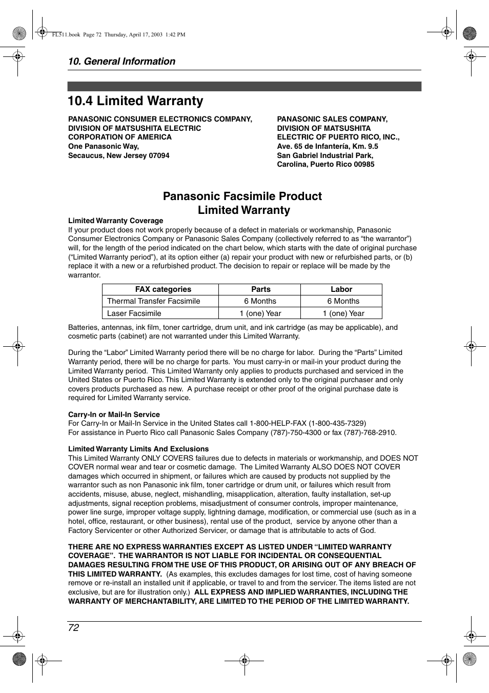 Limited warranty, 4 limited warranty, Panasonic facsimile product limited warranty | General information 72 | Panasonic KX-FL511 User Manual | Page 74 / 82