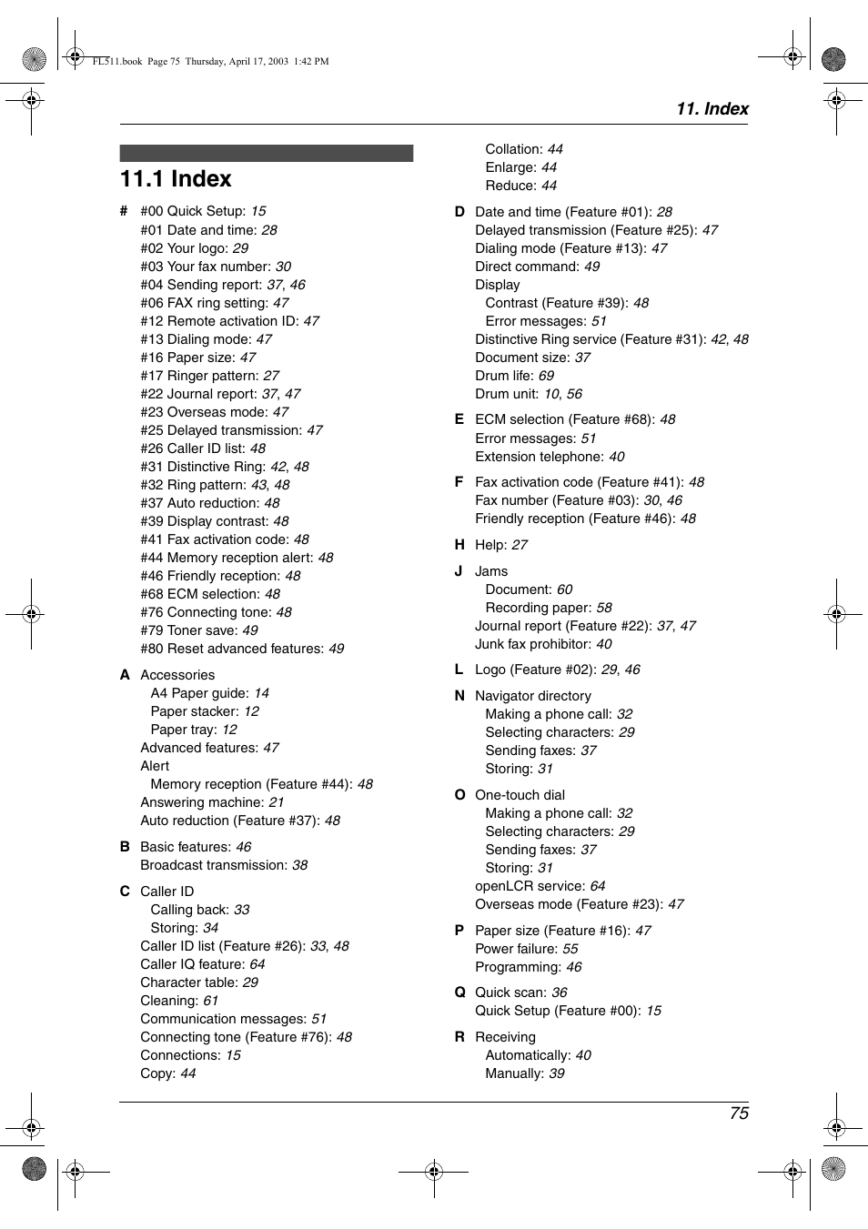 Index, 1 index, Index 75 | Panasonic KX-FL511 User Manual | Page 77 / 82