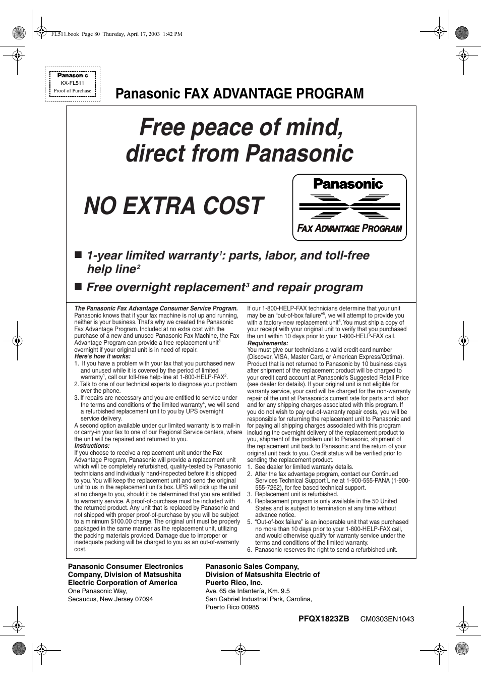 Panasonic fax advantage program, Year limited warranty, Parts, labor, and toll-free help line | Free overnight replacement, And repair program | Panasonic KX-FL511 User Manual | Page 82 / 82