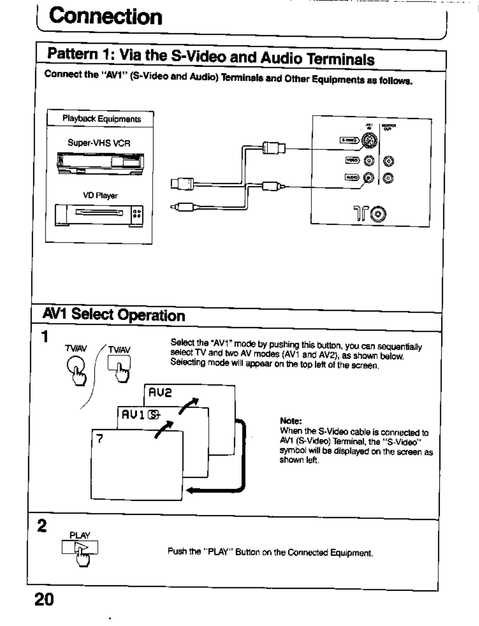 Connection, Pattern 1: via the s-video and audio terminals, Av1 select operation | Pattern 1 : via the &-v¡deo and audio terminals, Menu select operation, Fimd | Panasonic TC-26T1Z User Manual | Page 20 / 60