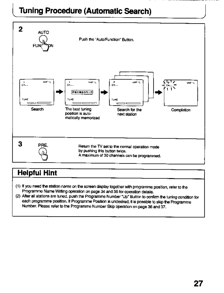 Helpful hint, Tuning procedure (automatic search) | Panasonic TC-26T1Z User Manual | Page 27 / 60