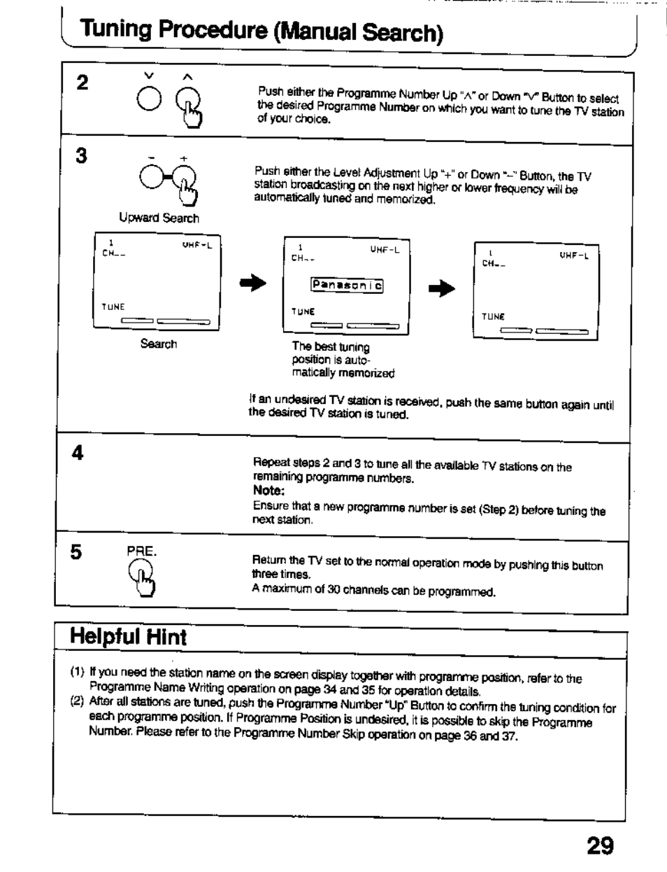 Helpful hint, Tuning procedure (manual search) | Panasonic TC-26T1Z User Manual | Page 29 / 60