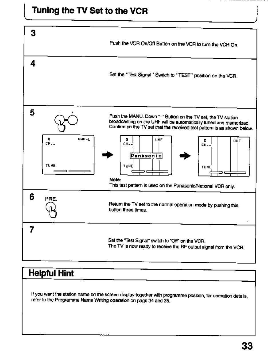 Tuning the tv set to the vcr, Helpful hint | Panasonic TC-26T1Z User Manual | Page 33 / 60