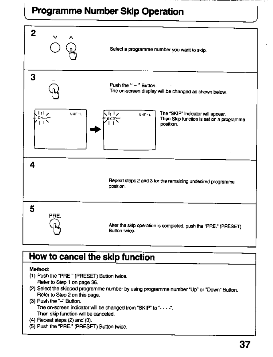 How to cancel the skip function, Programme number skip operation | Panasonic TC-26T1Z User Manual | Page 37 / 60