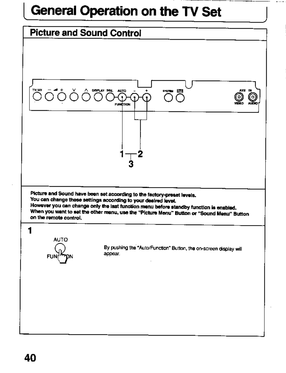 Picture and sound control, General operation on the tv set | Panasonic TC-26T1Z User Manual | Page 40 / 60