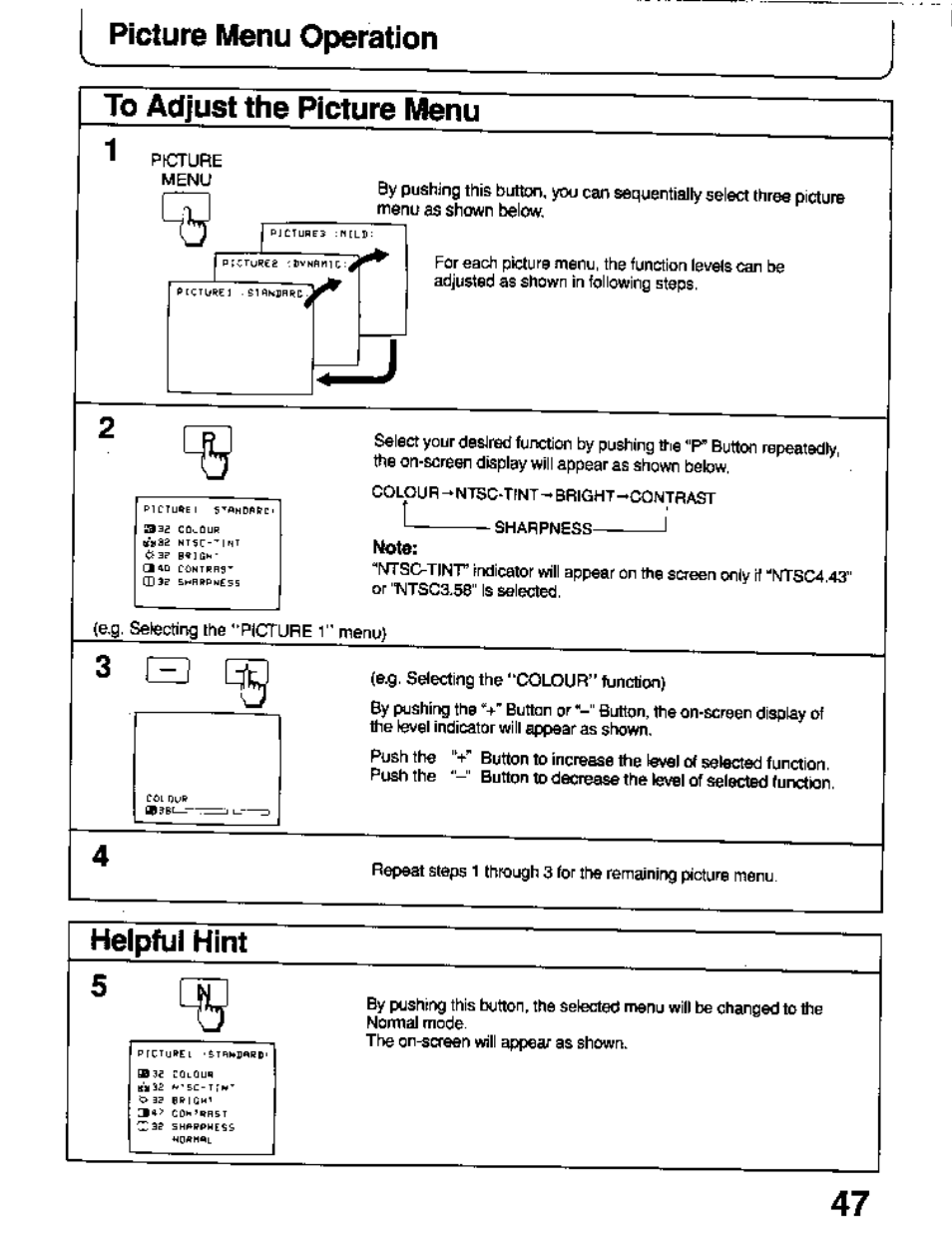 Picture menu operation, Helpful hint, Helpful hint ce | Panasonic TC-26T1Z User Manual | Page 47 / 60