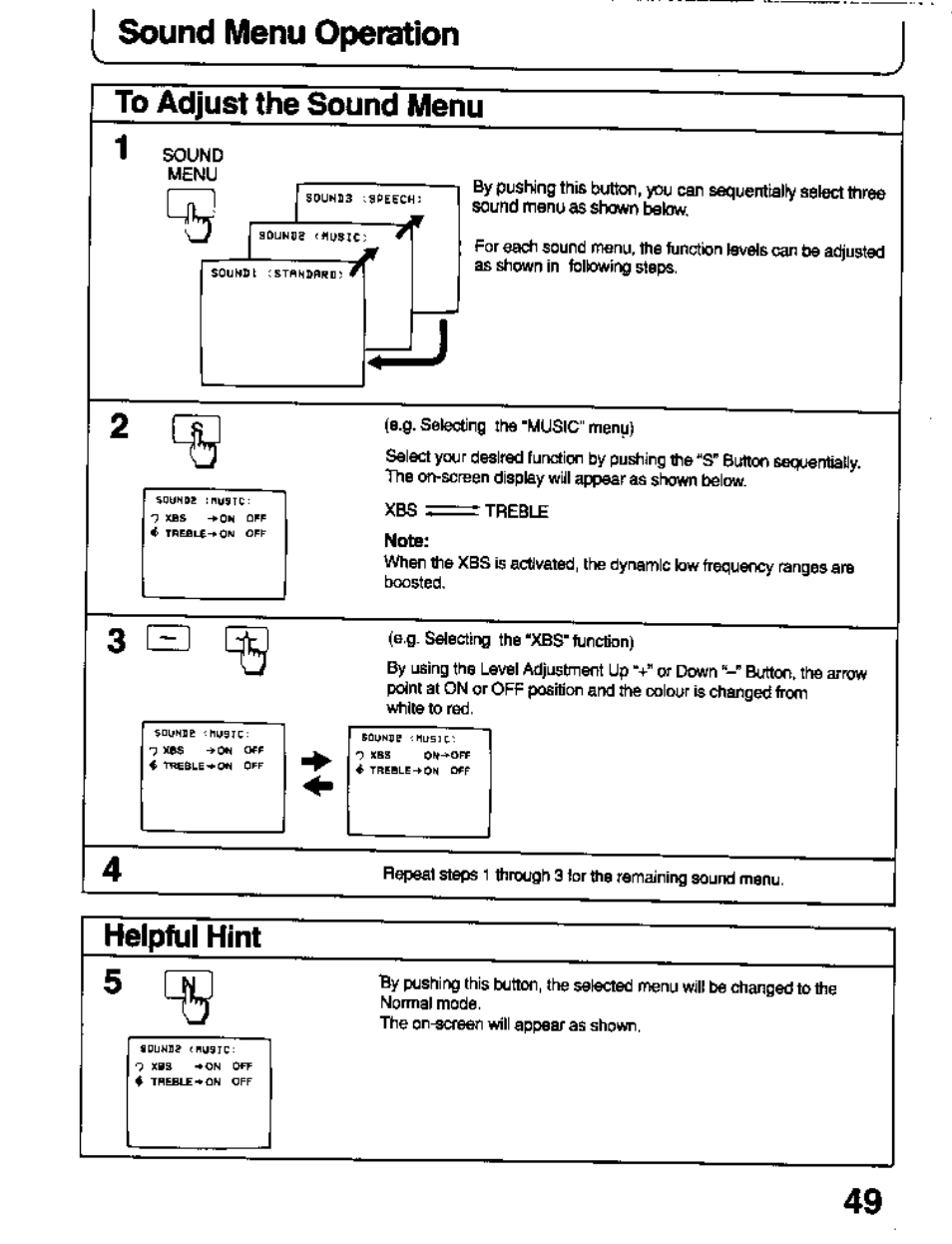 Sound menu operation, Helpful hint 5 | Panasonic TC-26T1Z User Manual | Page 49 / 60