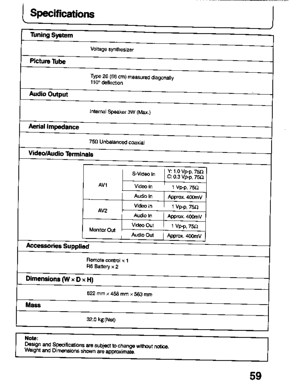 Tuning system, Plctum tube, Video/audio témiinate | Dimensions (w x 0 x h), Specifications, Audio output, Aerial impedance, Accessories supplied, Dimensions (w x, X h) | Panasonic TC-26T1Z User Manual | Page 59 / 60