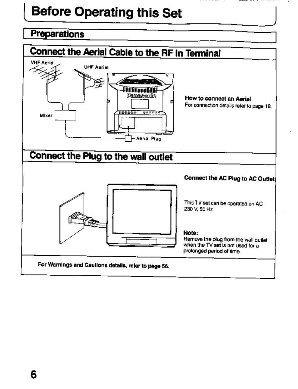 Preparations, Connect the aerial cabie to the rf in terminal, Connect the plug to the vrall outlet | Before operating this set | Panasonic TC-26T1Z User Manual | Page 6 / 60