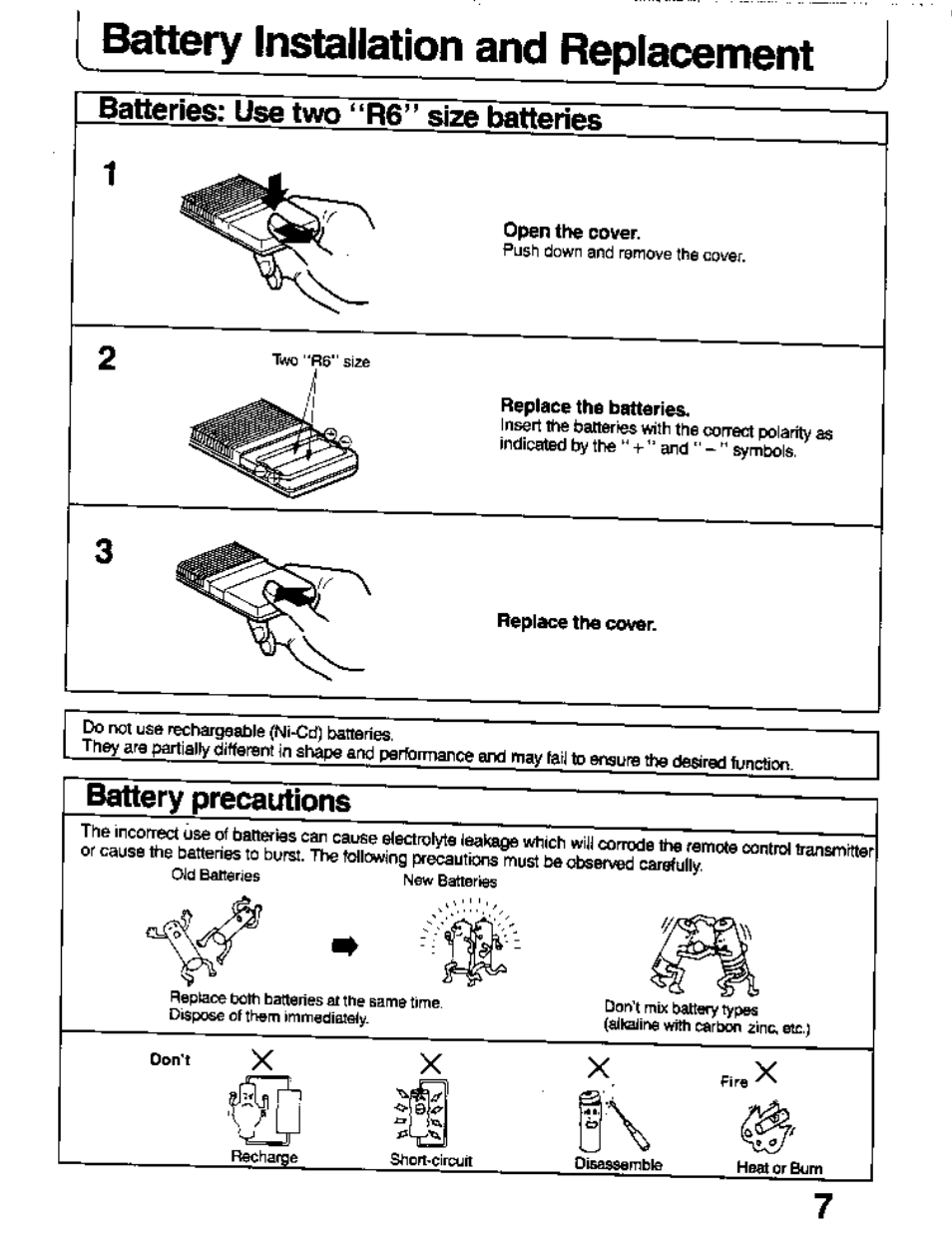 Batteries: use two “r6" size batteries, Battery precautions, Battery installation and replacement | Panasonic TC-26T1Z User Manual | Page 7 / 60