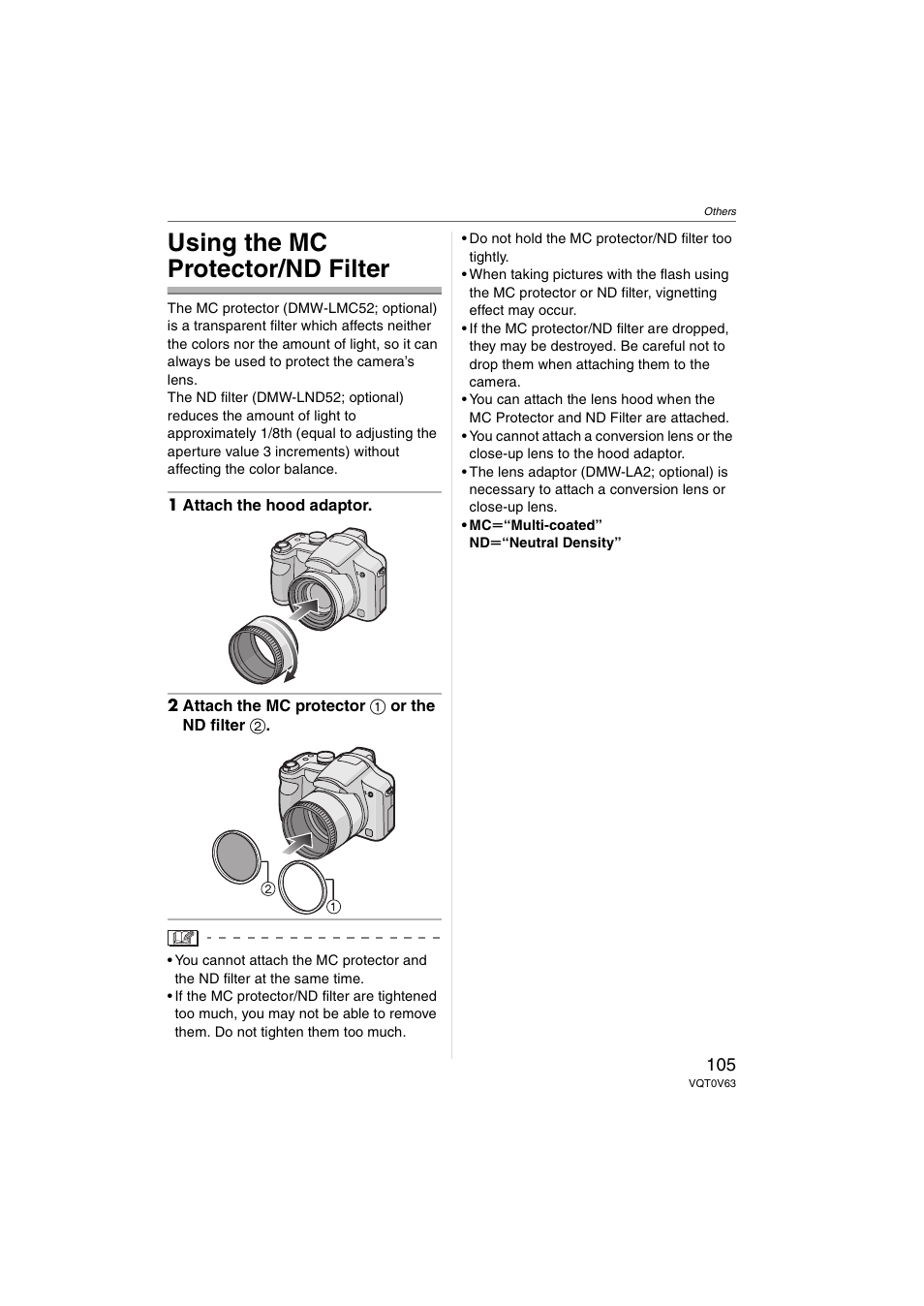 Others, Using the mc protector/nd filter | Panasonic DMC-FZ7 User Manual | Page 105 / 132