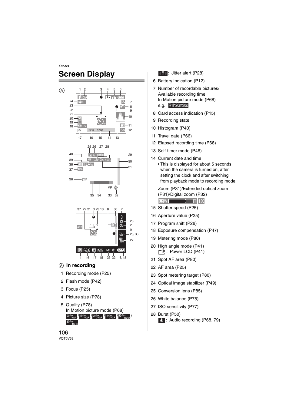 Screen display, A in recording | Panasonic DMC-FZ7 User Manual | Page 106 / 132