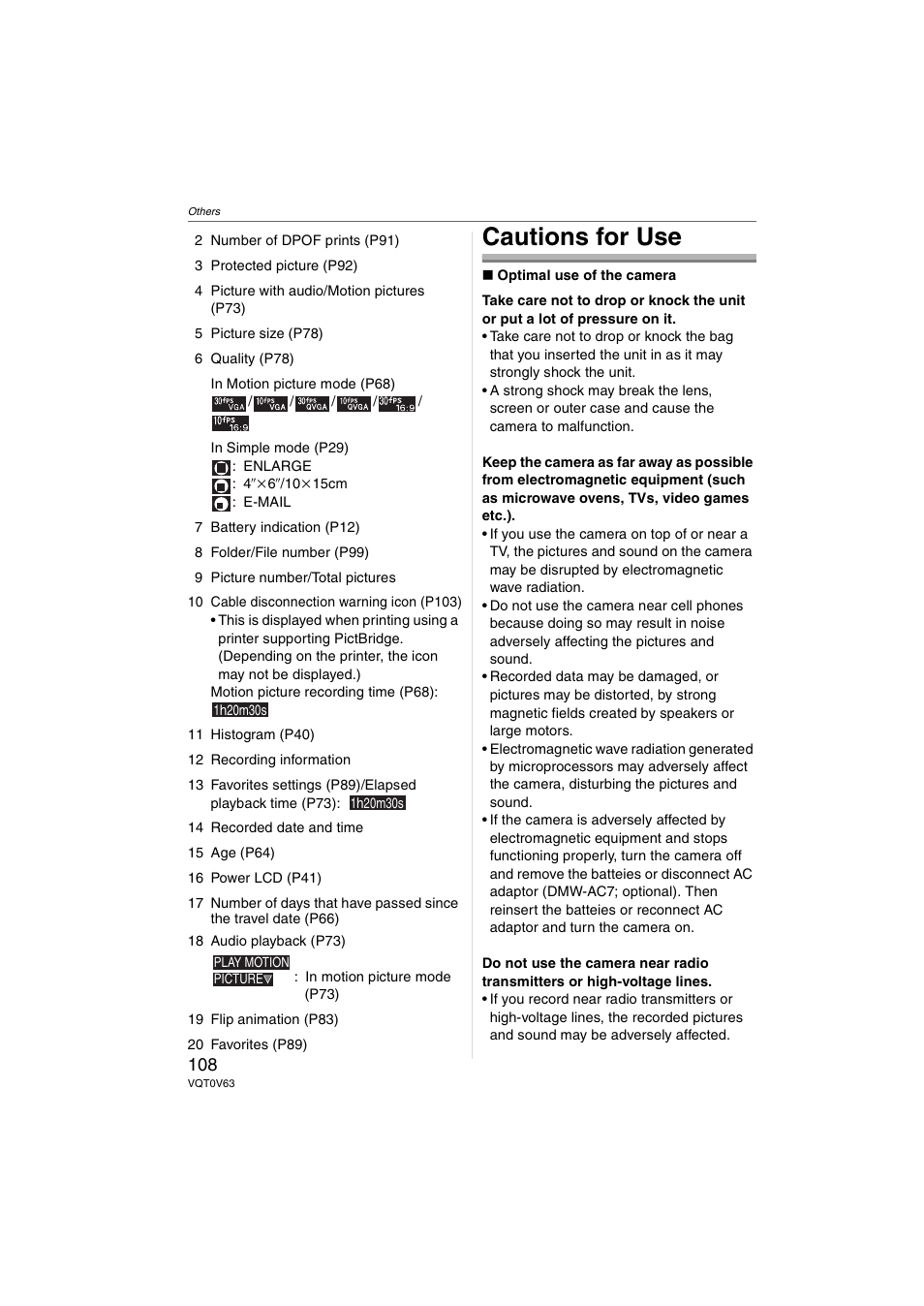 Cautions for use | Panasonic DMC-FZ7 User Manual | Page 108 / 132