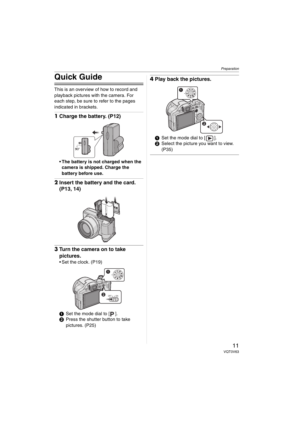 Quick guide, 1 charge the battery. (p12), 4 play back the pictures | Panasonic DMC-FZ7 User Manual | Page 11 / 132