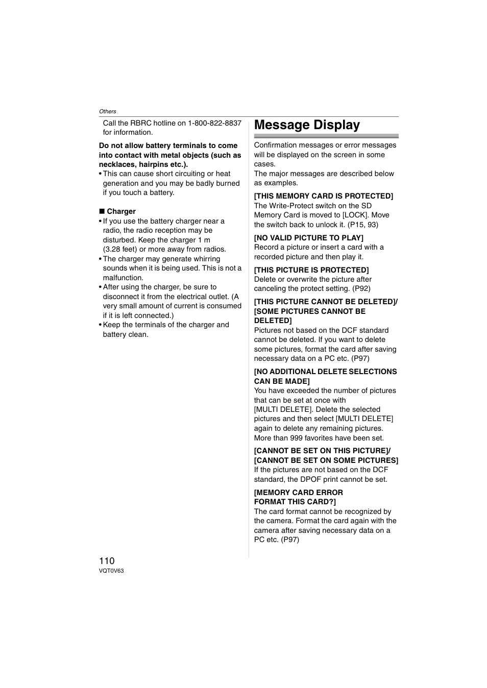 Message display | Panasonic DMC-FZ7 User Manual | Page 110 / 132