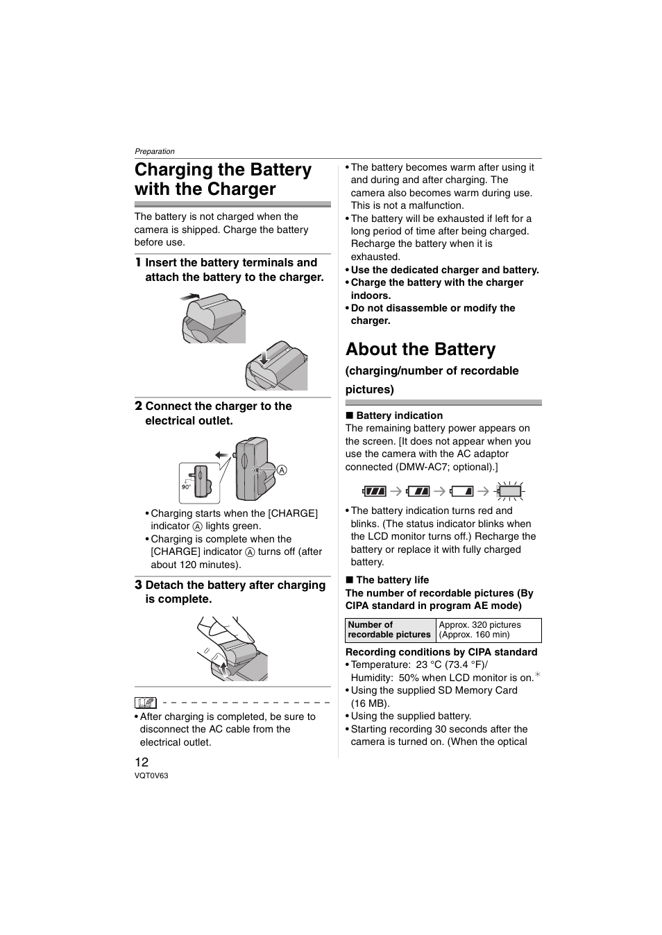 Charging the battery with the charger, About the battery | Panasonic DMC-FZ7 User Manual | Page 12 / 132
