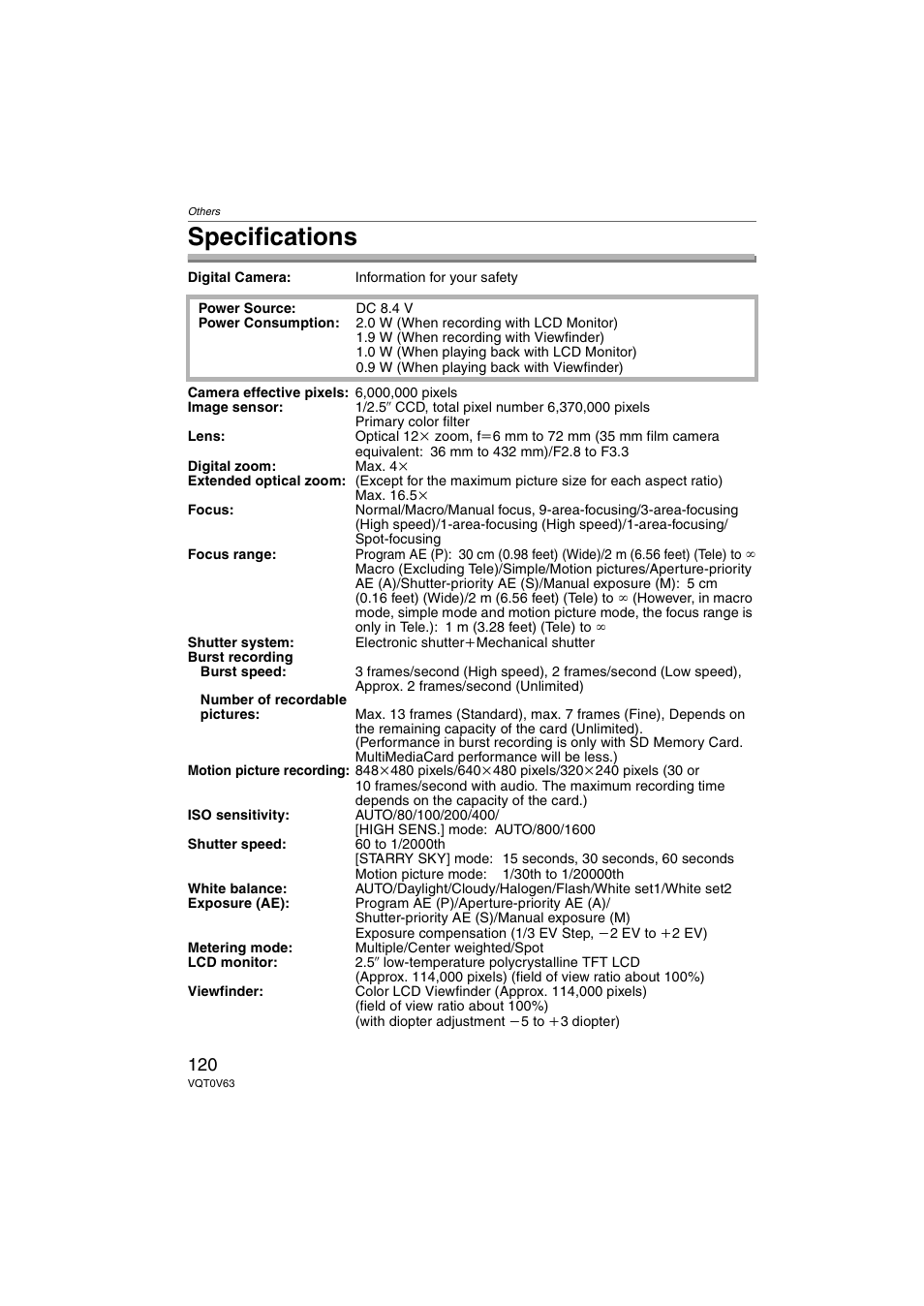 Specifications | Panasonic DMC-FZ7 User Manual | Page 120 / 132